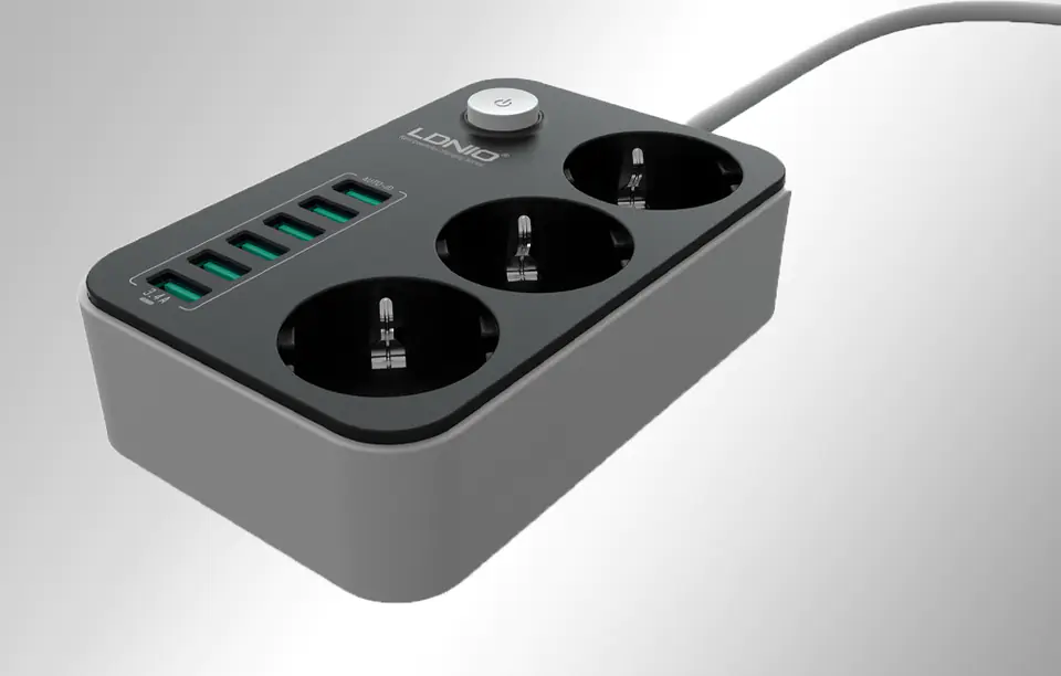 AC Power Strip with 3 AC Sockets, 6x USB, LDNIO SE3631, 1.6m (Black)