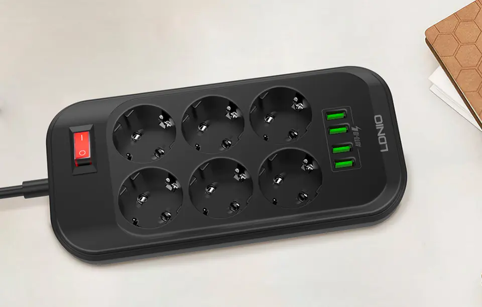 AC Power Strip with 6 AC Sockets, 4x USB, LDNIO SE6403, 2m (Black)