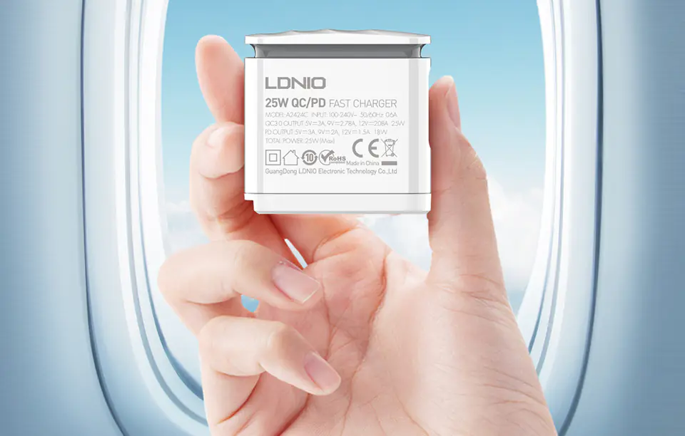 Wall charger with lamp function LDNIO A2423C, USB + USB-C, PD + QC 3.0, 25W (white)