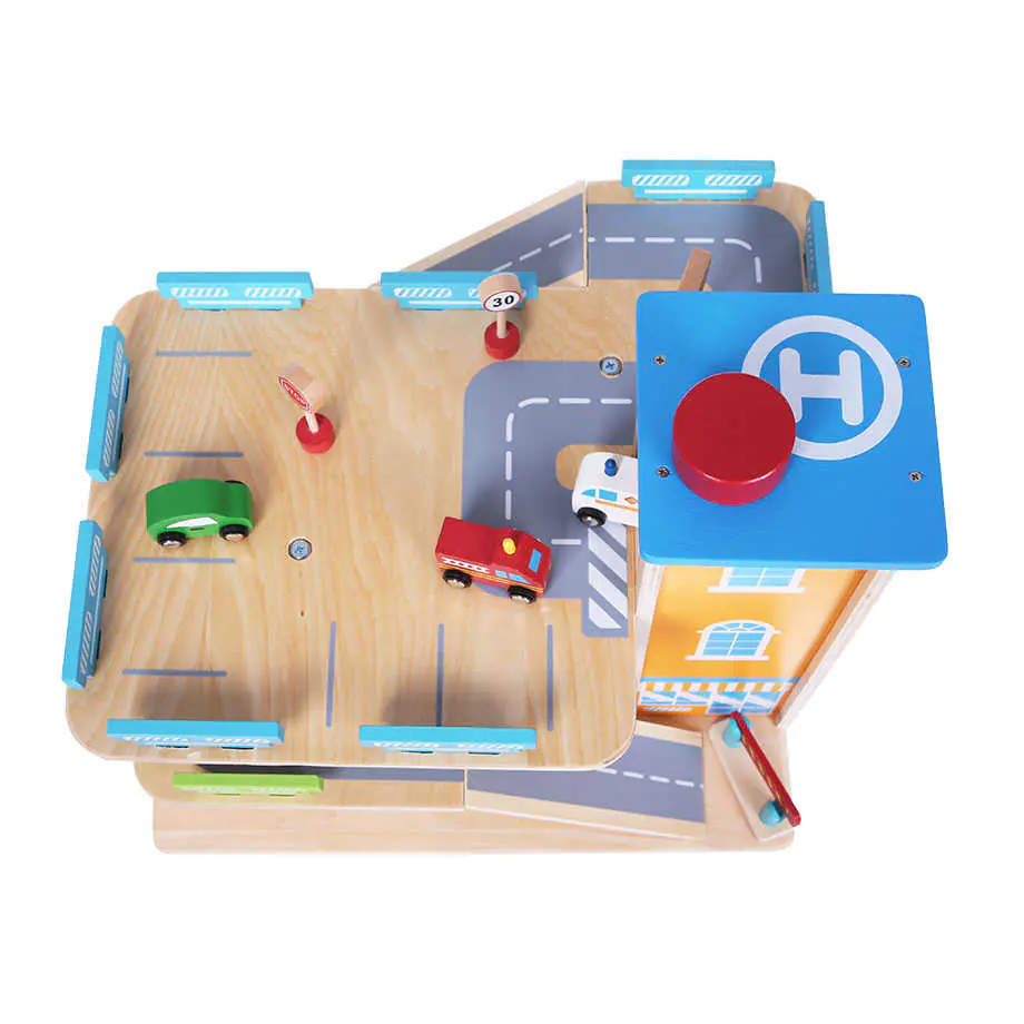 Wooden garage, track with elevator + toy cars