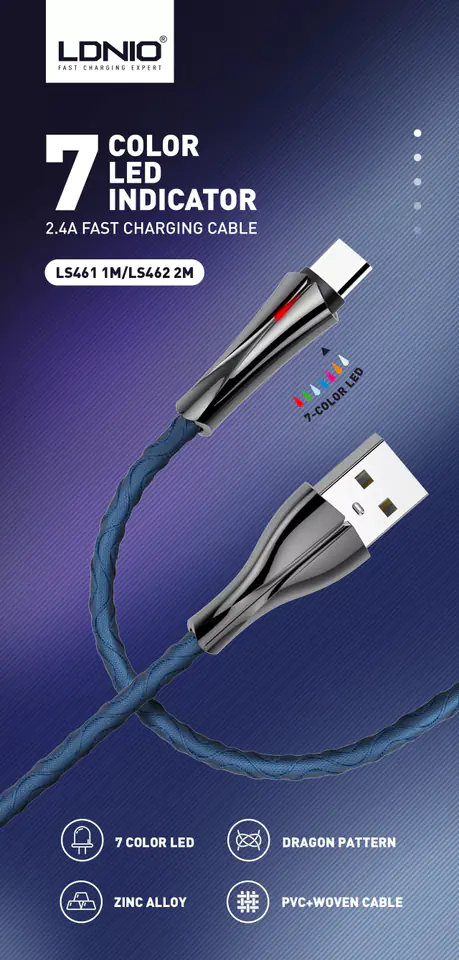 Kabel USB-A/micro-USB LDNIO z LED 2m szary LS462M