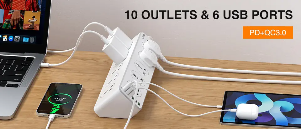 Power Strip with Charger 10 AC 1 USB-C 5 USB