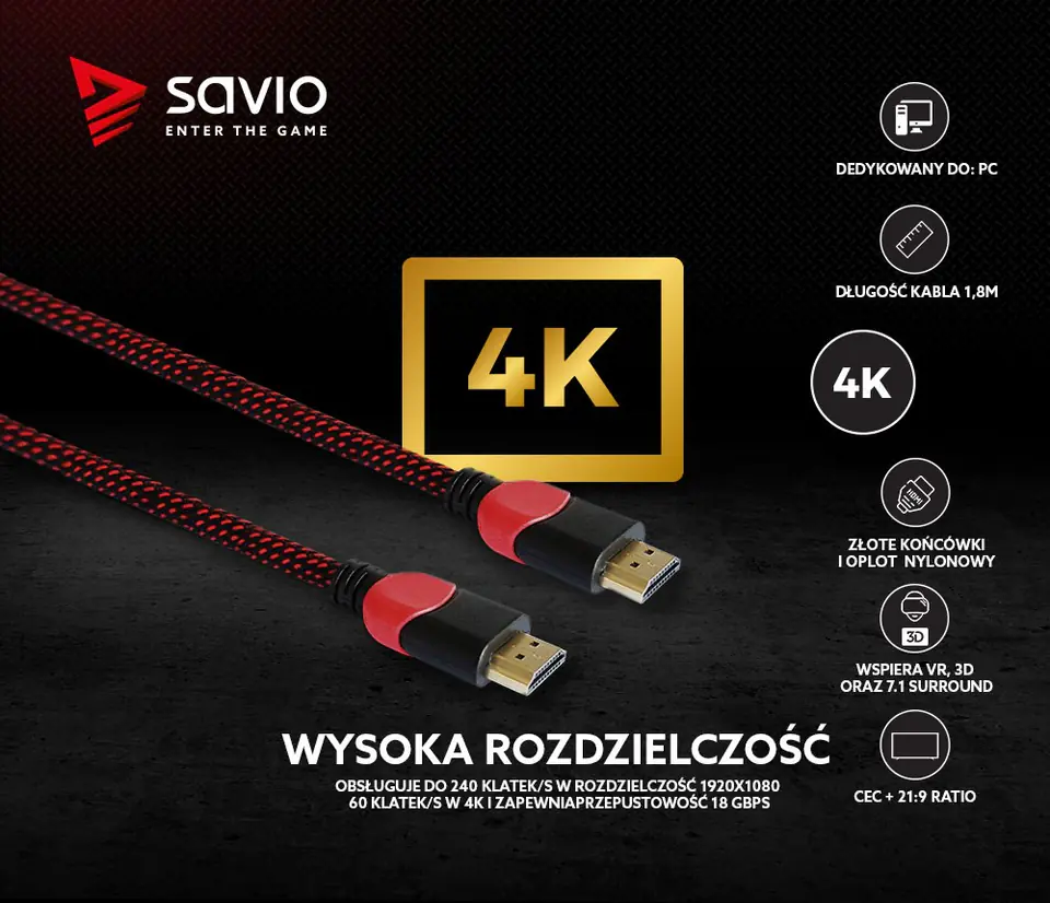 Cable Hdmi Hdmi V2 0 Ofc Copper 3d Gaming Pc Red Black Braided 4k 1 8m Savio Gcl 01 Wasserman Eu