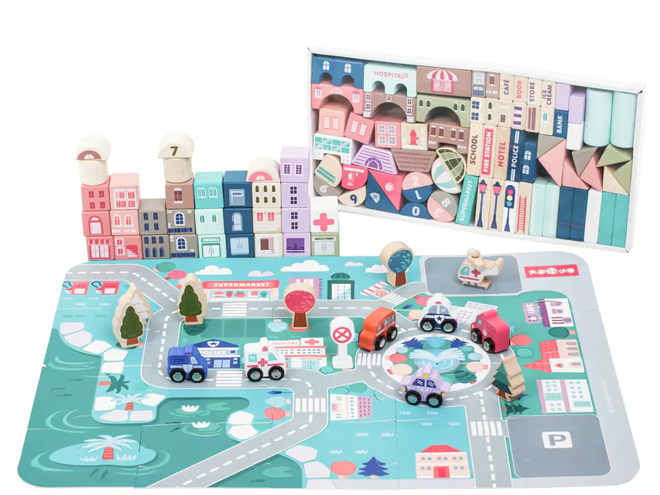 Wooden blocks educational city with mat 115 pcs