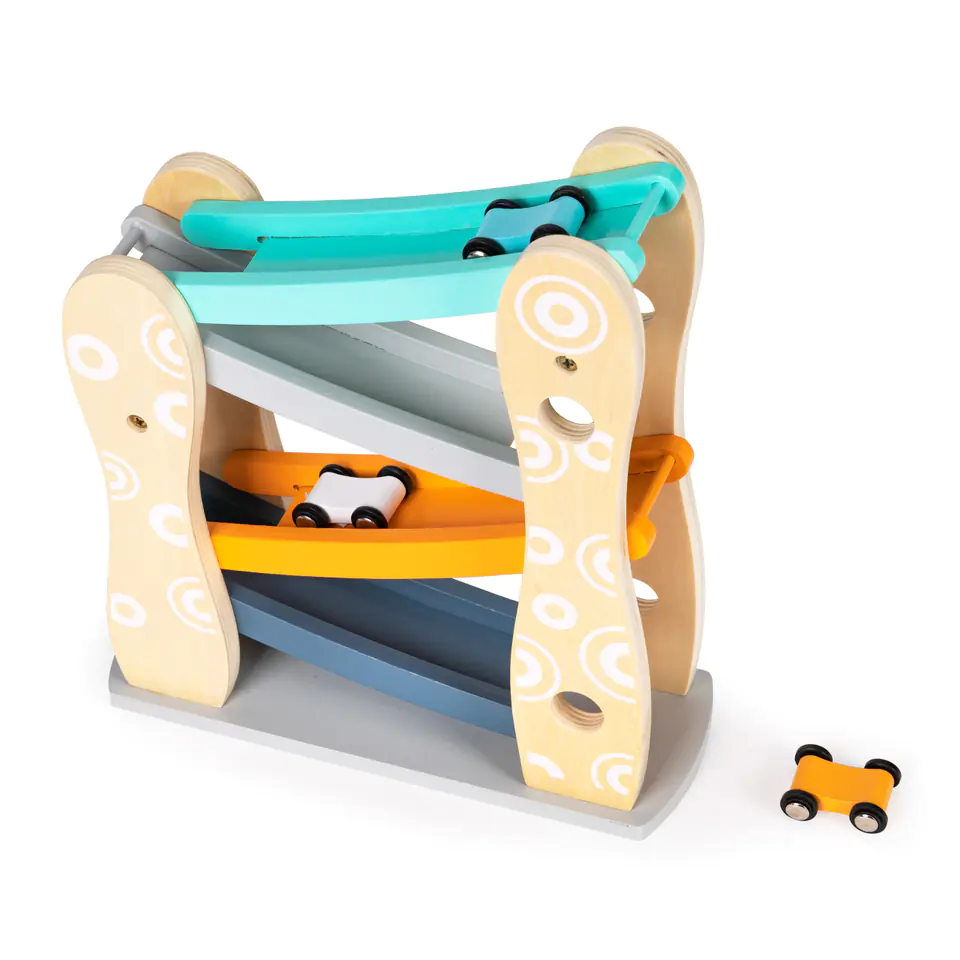 Wooden track, slide, 3 cars, slide, toy cars