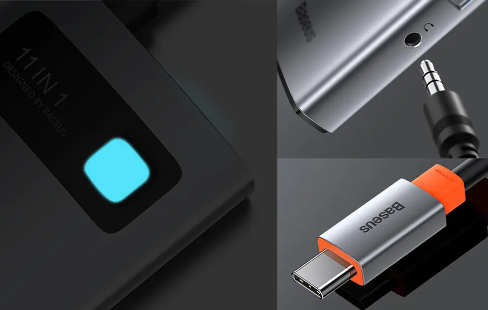 Hub 11w1 Baseus Metal Gleam Series, USB-C do 3x USB 3.0 + 2x HDMI + USB-C PD + Ethernet RJ45 + microSD/SD + VGA + AUX