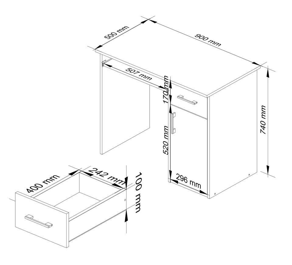 PIN desk 90 cm - white-graphite grey - 1 drawer 1 freestanding door