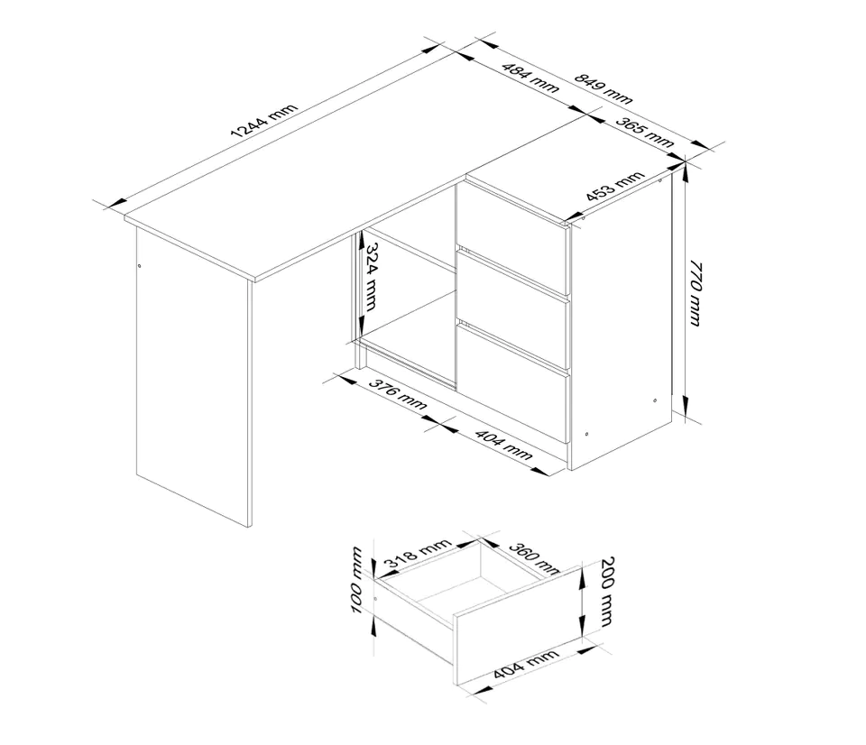 CORNER DESK B16 124 cm RIGHT 3 DRAWERS WHITE / HIGH-GLOSS WHITE