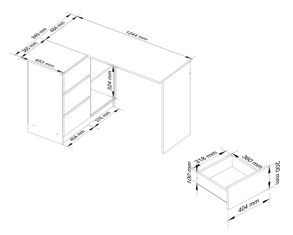 CORNER DESK B16 124 cm LEFT 3 DRAWERS OAK CRAFT