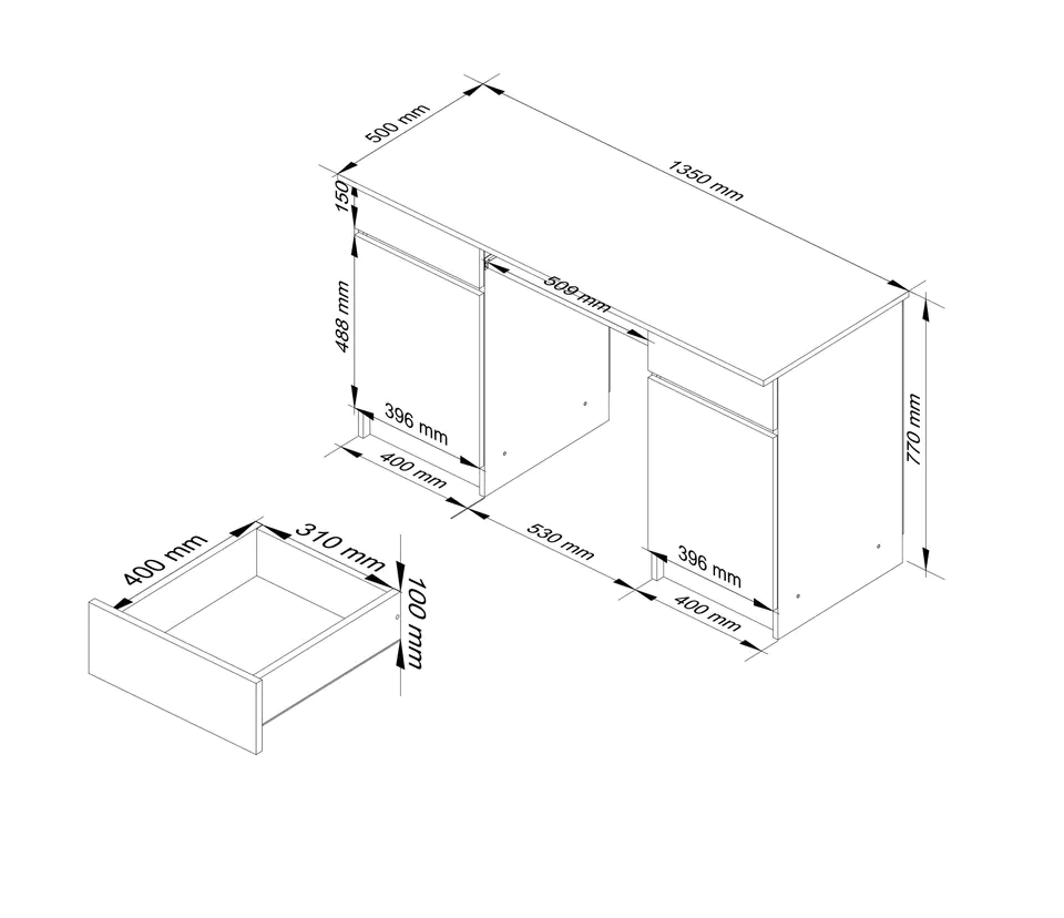 Computer desk A5 135 cm - white-graphite gray - 2 doors, 2 drawers