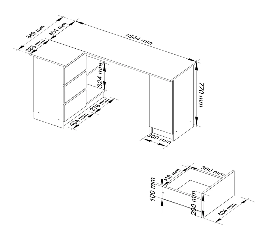 Corner desk B20 155 cm left - Craft Oak-white - 3 drawers