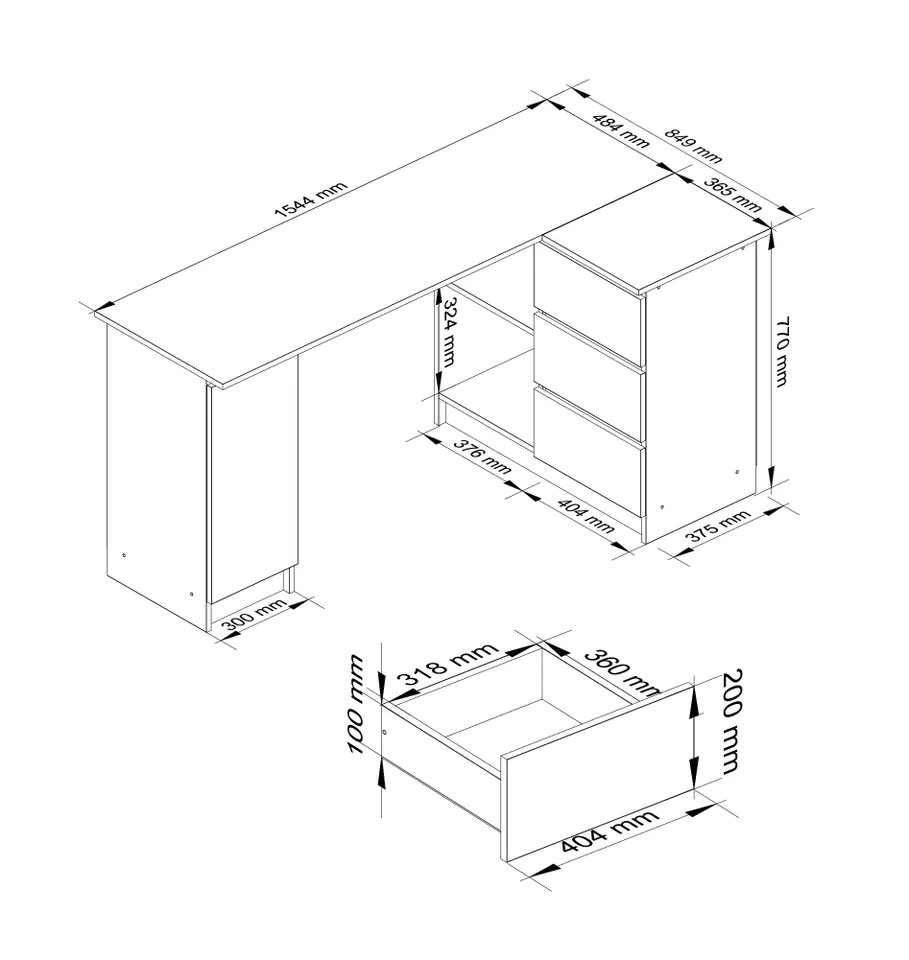 Corner desk B20 155 cm right - Craft Oak - 3 drawers