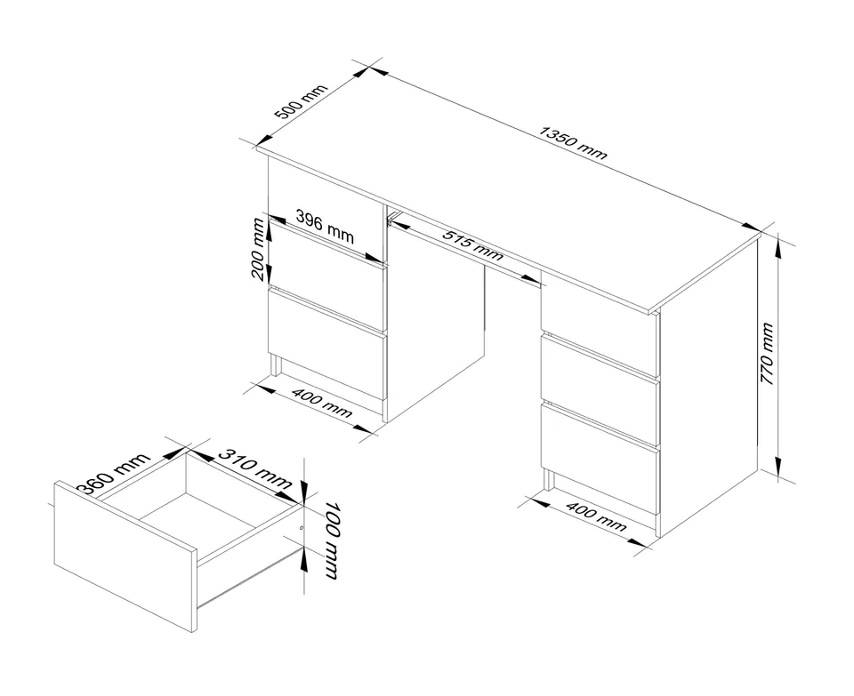 COMPUTER DESK A-11 135 cm 6 DRAWERS WHITE / HIGH-GLOSS WHITE