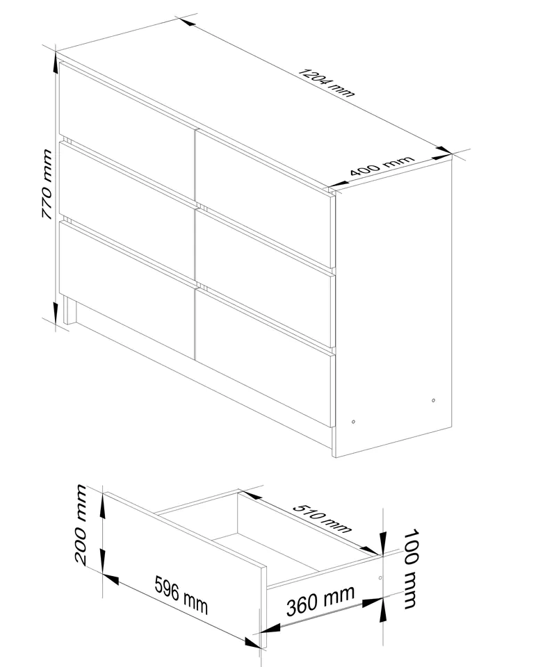 CHEST OF DRAWERS K 120 cm 6 DRAWERS ACRYLIC BLACK HIGH-GLOSS