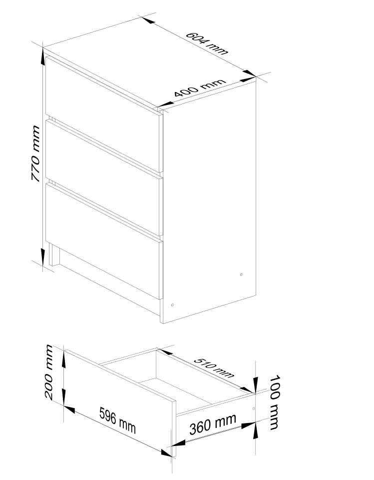 CHEST OF DRAWERS K 60 cm 3 DRAWERS WHITE