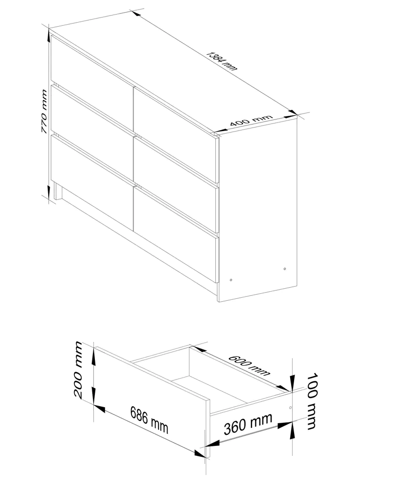 Chest of drawers K 140 cm 6 drawers - white-graphite grey