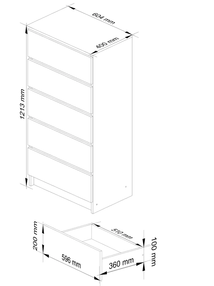 CHEST OF DRAWERS K 60 cm 5 DRAWERS ACRYLIC GRAPHITE HIGH GLOSS