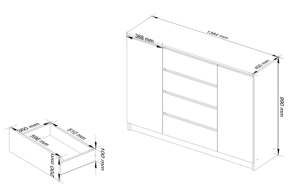 CHEST OF DRAWERS K 140 cm 2 DOORS 4 DRAWERS ACRYLIC GRAPHITE HIGH GLOSS