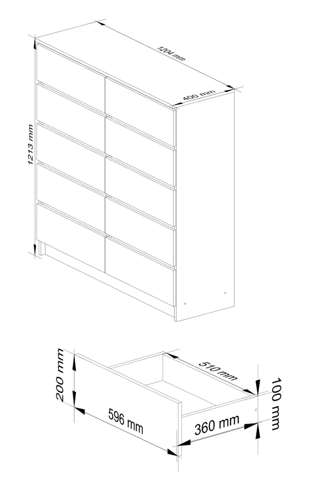 CHEST OF DRAWERS K 120 cm 10 DRAWERS WHITE / HIGH-GLOSS GRAPHITE