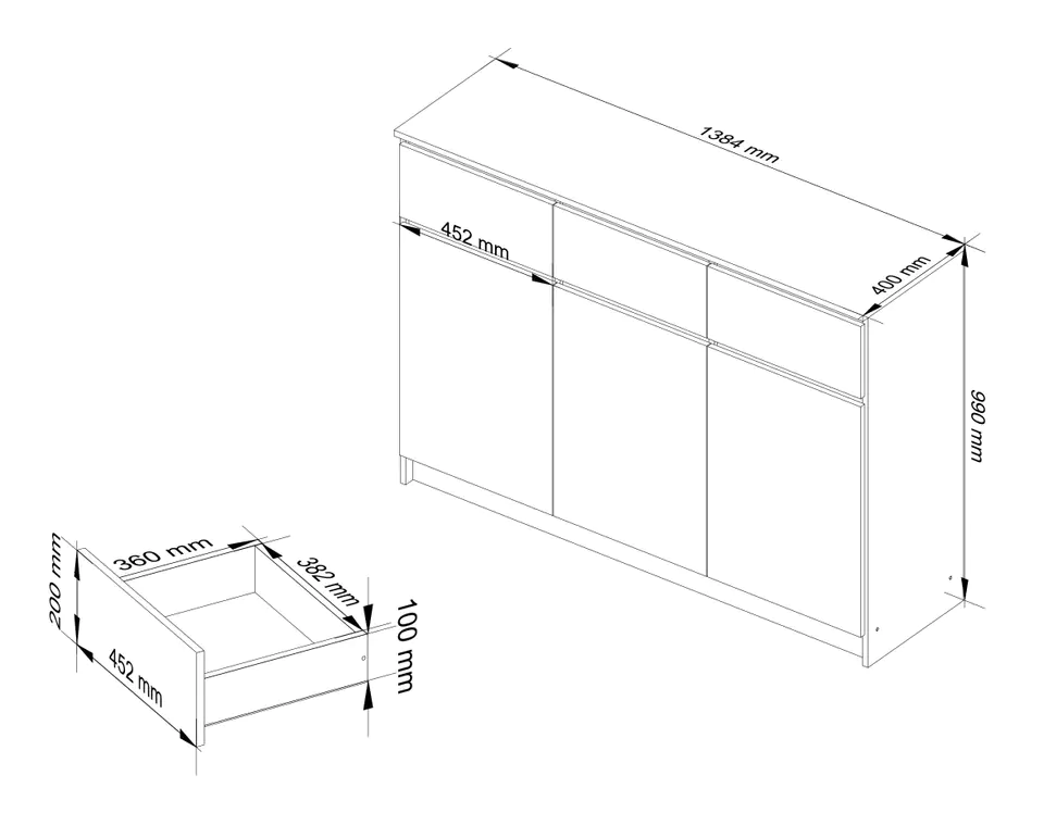 CHEST OF DRAWERS K 140 cm 3 DOORS 3 DRAWERS WHITE / HIGH-GLOSS WHITE