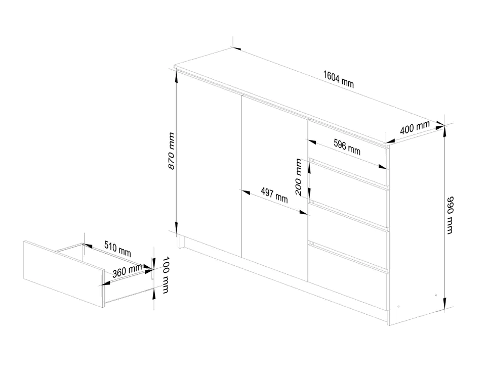 Bedroom chest of drawers 160 cm K013 - White - 2 doors, 4 drawers