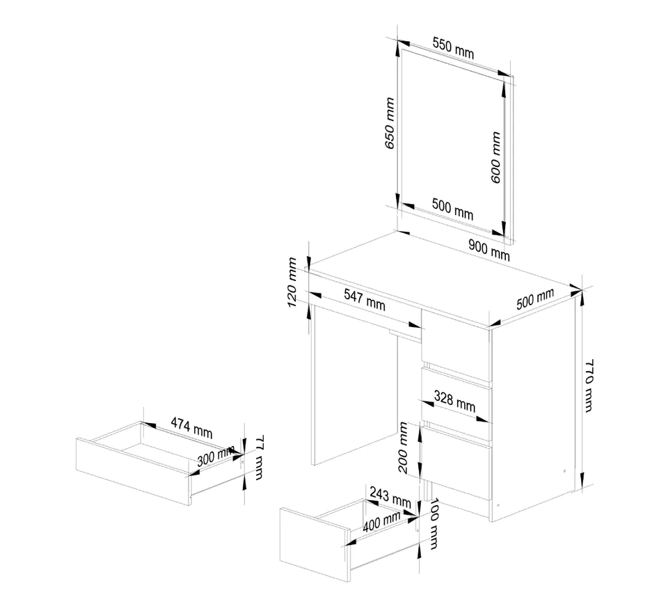 COSMETIC DRESSING TABLE WITH MIRROR T-6/SL 500x600 RIGHT WHITE