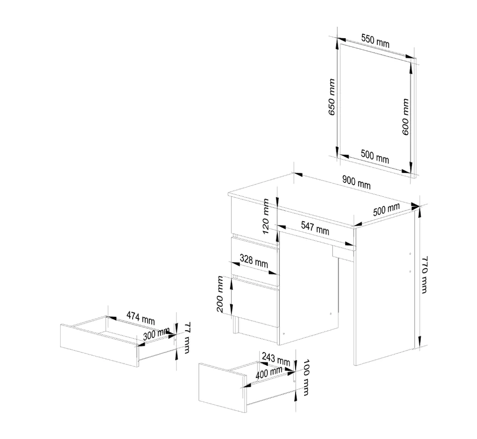 COSMETIC DRESSING TABLE WITH MIRROR T-6/SL 500x600 LEFT WHITE