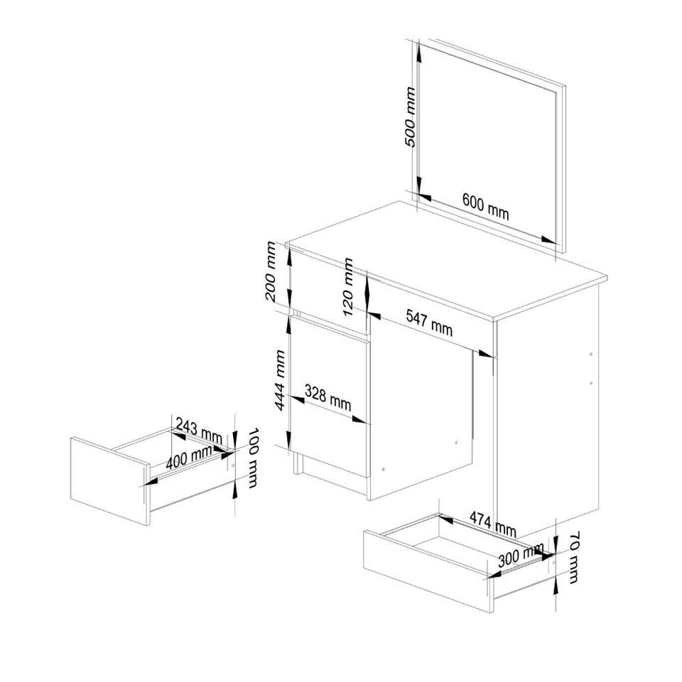 COSMETIC DRESSING TABLE WITH MIRROR P-2/SL 500x600 LEFT WHITE