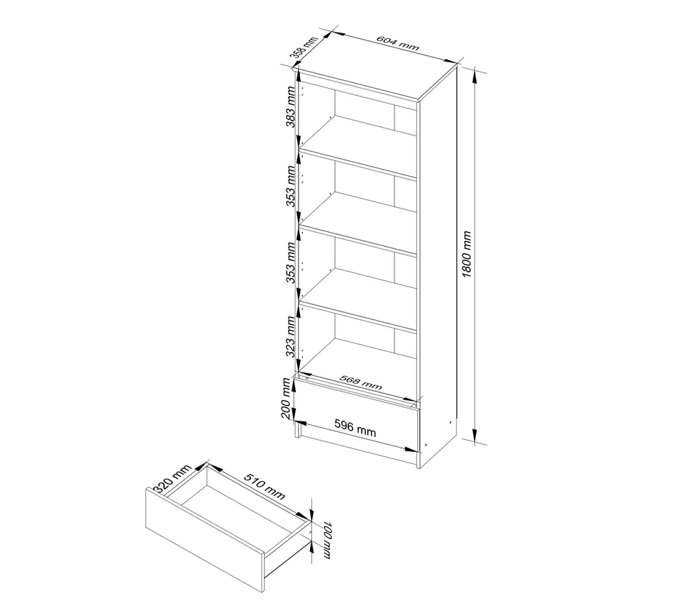 BOOKCASE R 60 cm CLP 1 DRAWER 4 SHELVES WHITE / WHITE HIGH GLOSS