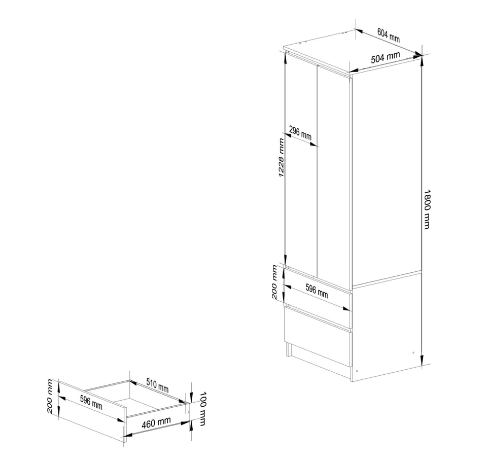 STAR S 60 cm WARDROBE WITH MIRROR 2 DOORS 2 DRAWERS WHITE