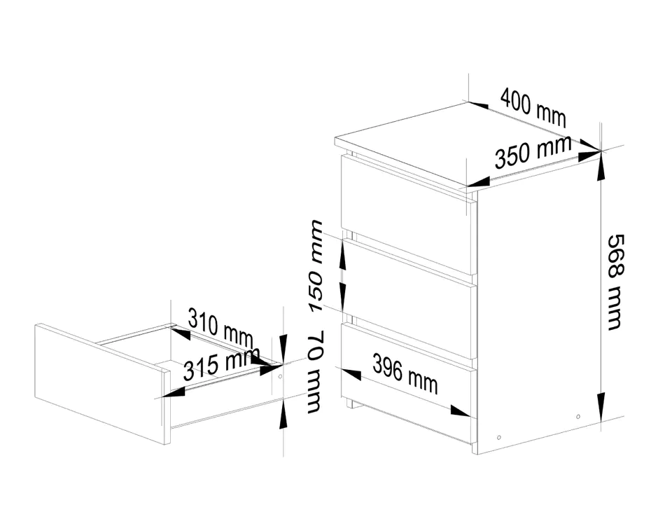 Bedside table CL3 40 cm 3 drawers - alder