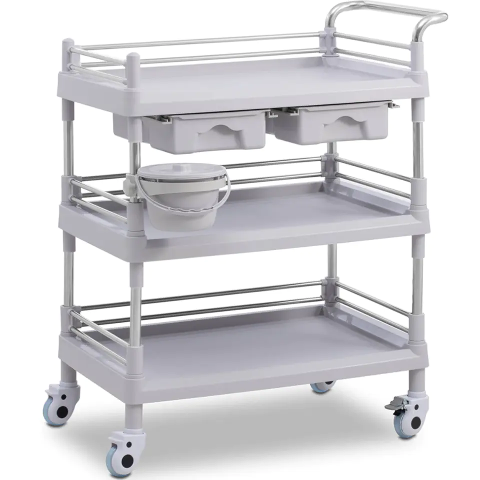 Medical laboratory treatment trolley 3 shelves 2 drawers basket