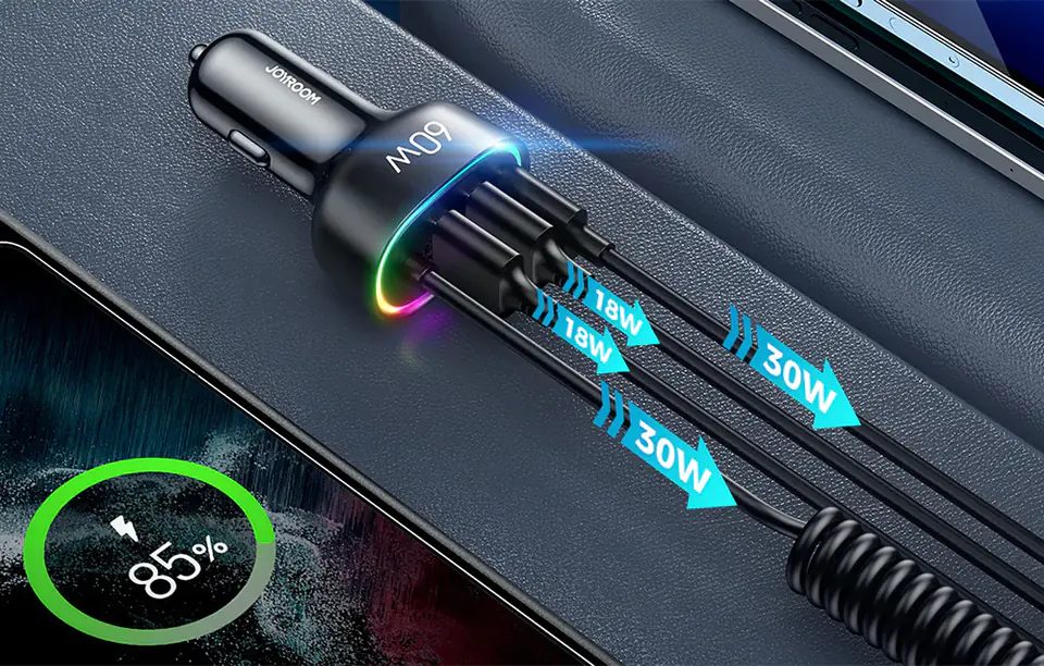 Car charger Joyroom JR-CL19, 2x USB + 2x USB-C, 60W + USB-C cable (black)