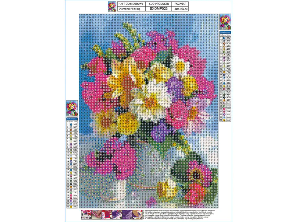 Haft Diamentowy, Obraz, Mozaika Diamentowa Diamond Painting, KOLOROWY BUKIET 30x40cm