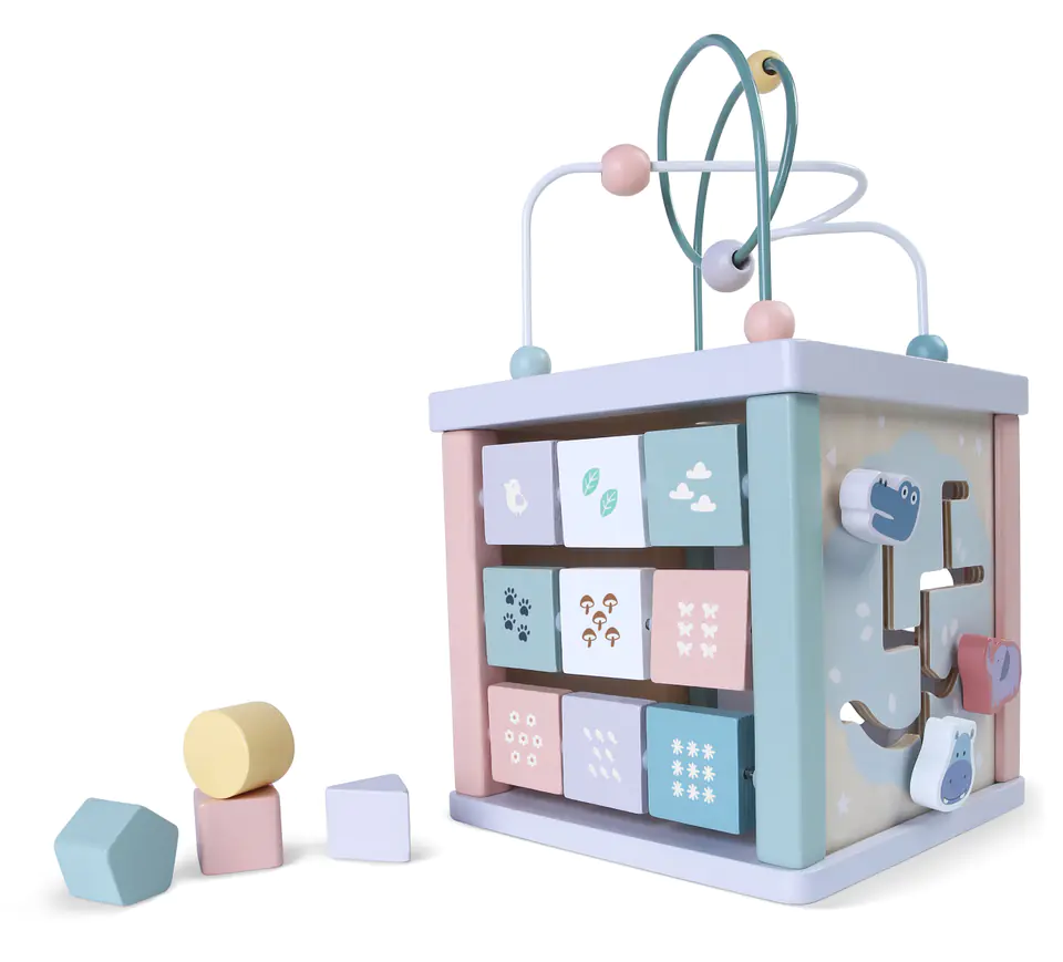 Wooden educational cube, sorter, mule, clock