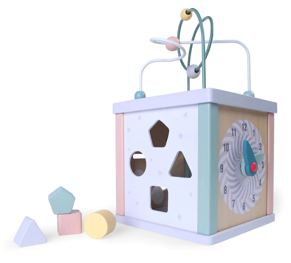Wooden educational cube, sorter, mule, clock