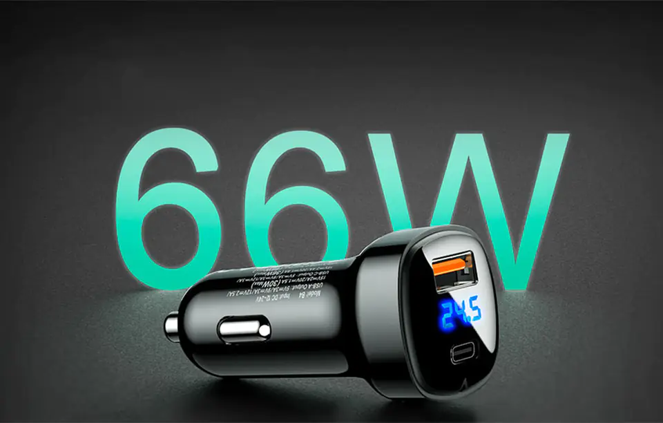 Car charger Acefast B4, 66W, USB-C + USB, with display (black)