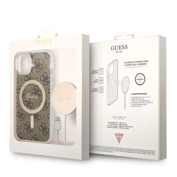 Zestaw Guess GUBPP14SH4EACSW Case+  Charger iPhone 14 / 15 / 13 6,1" brązowy/brown hard case 4G Print MagSafe