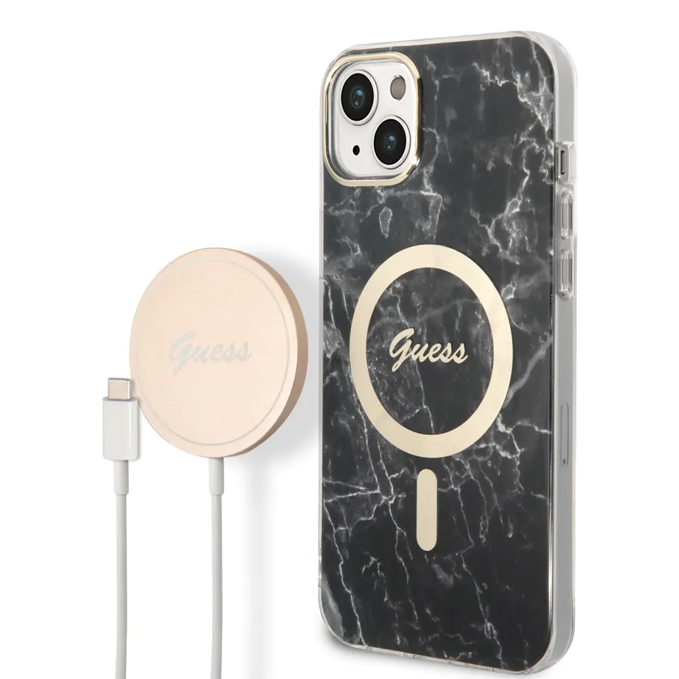 Zestaw Guess GUBPP14SHMEACSK Case+  Charger iPhone 14 / 15 / 13 6,1" czarny/black hard case Marble MagSafe