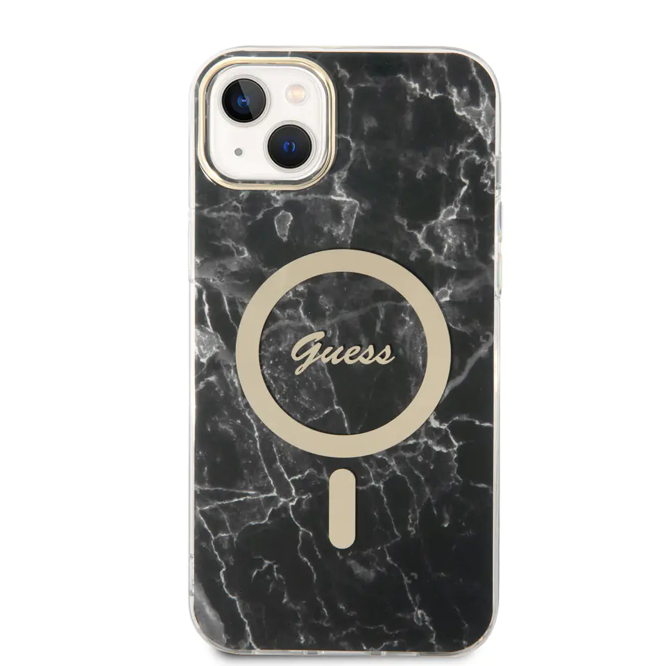 Zestaw Guess GUBPP14SHMEACSK Case+  Charger iPhone 14 / 15 / 13 6,1" czarny/black hard case Marble MagSafe