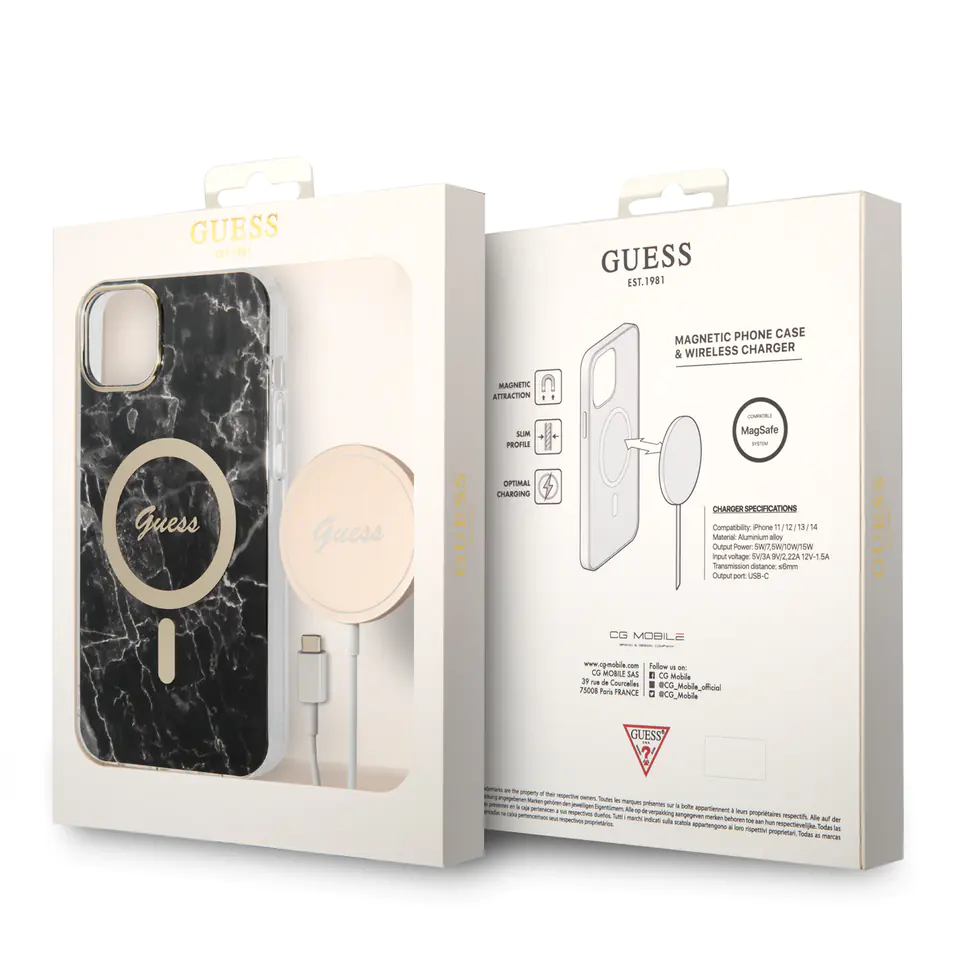 Zestaw Guess GUBPP14SHMEACSK Case+  Charger iPhone 14 / 15 / 13 6,1" czarny/black hard case Marble MagSafe