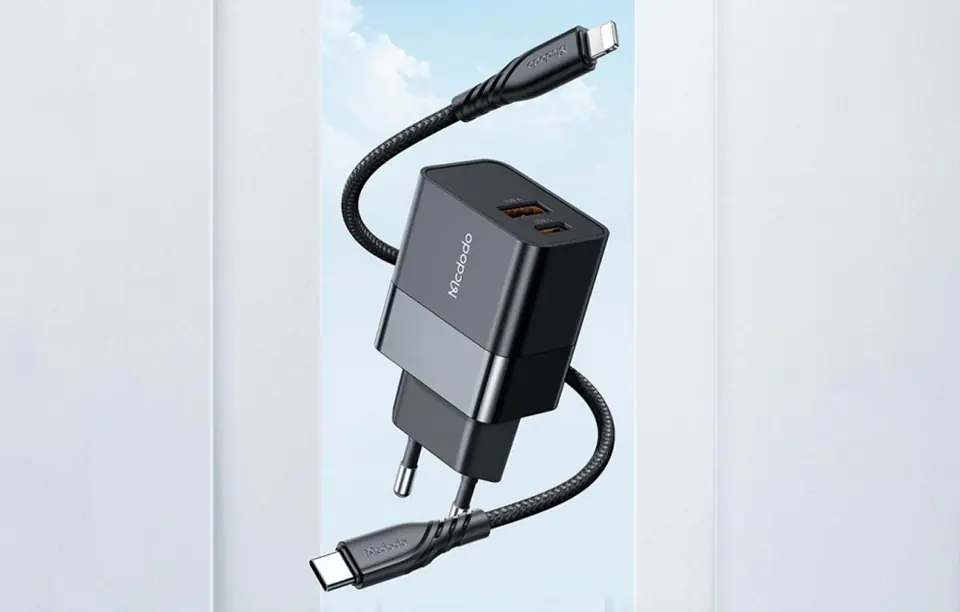 Ładowarka sieciowa Mcdodo CH-1952 USB + USB-C, 20W + kabel USB-C do Lightning (czarna)