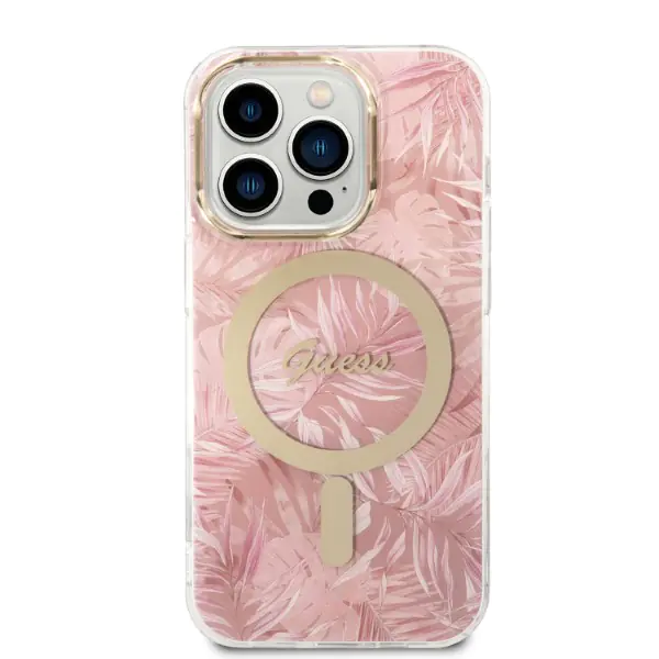 Zestaw Guess GUBPP14LHJEACSP Case+  Charger iPhone 14 Pro 6,1" różowy/pink hard case Jungle MagSafe