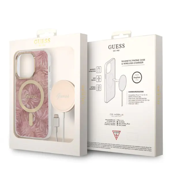 Zestaw Guess GUBPP14LHJEACSP Case+  Charger iPhone 14 Pro 6,1" różowy/pink hard case Jungle MagSafe