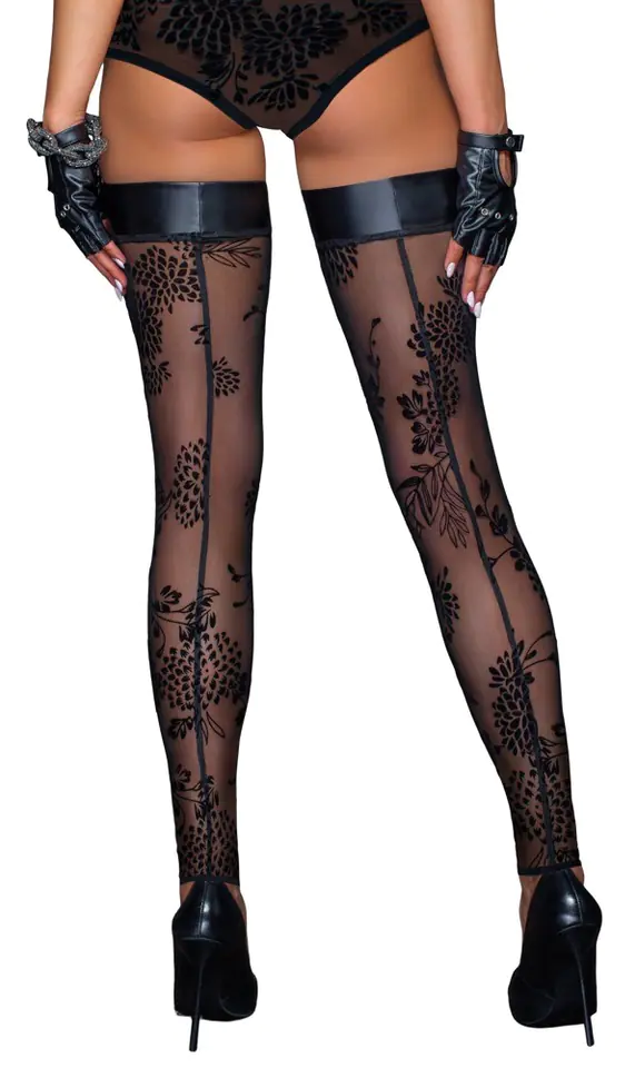Tulle stockings with patterned flock embroidery and Powerwetlook