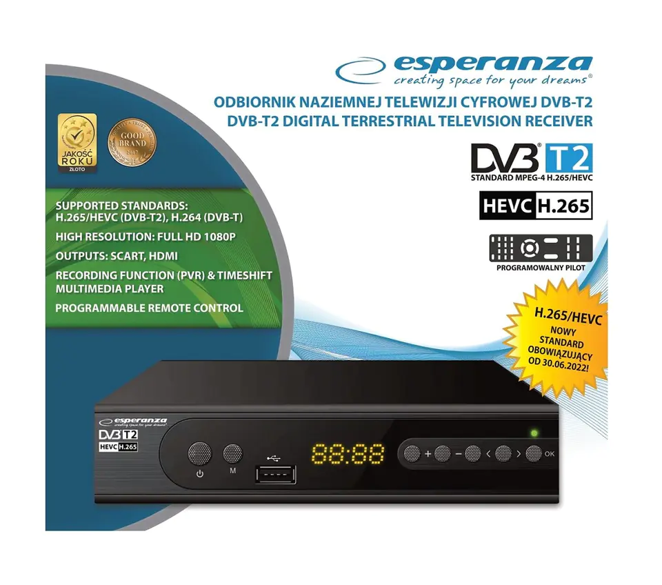 Esperanza TDT HD DVB-T2 H.265 HEVC Alta Definición USB EZ-EV111