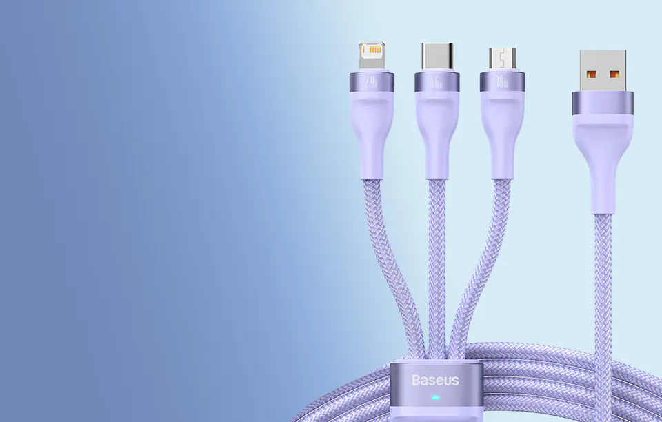 Baseus Flash II 3in1 cable, USB-C + micro USB + Lightning, 66W, 1.2m (purple)