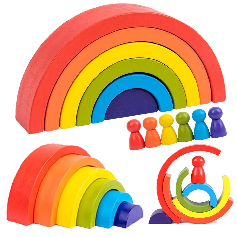 WOODEN BLOCKS PUZZLE GAME RAINBOW WITH PAWNS JHTOY-281