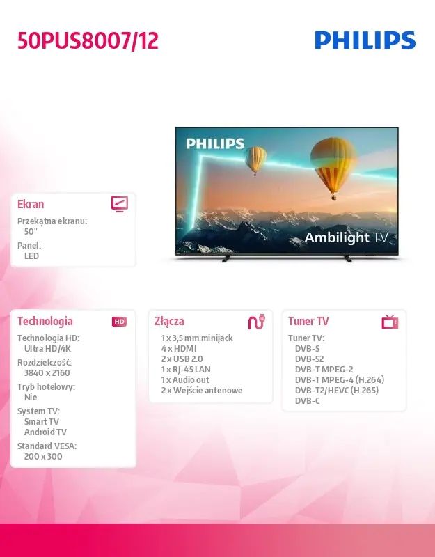 Télévision Philips 50PUS8007 50''Ambilight TV 4K UHD Android 2022