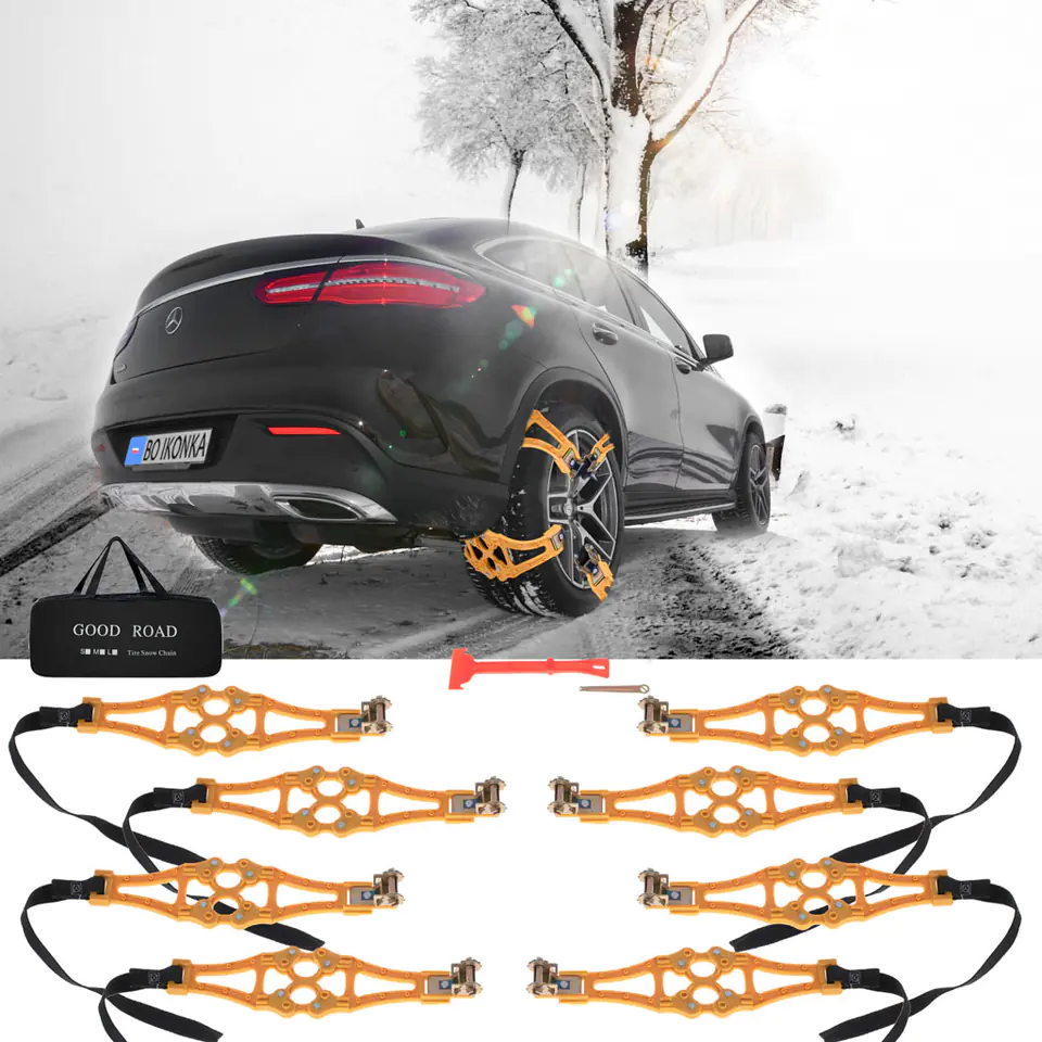 Snow chains, anti-slip wheel pads, snow tires 8el.